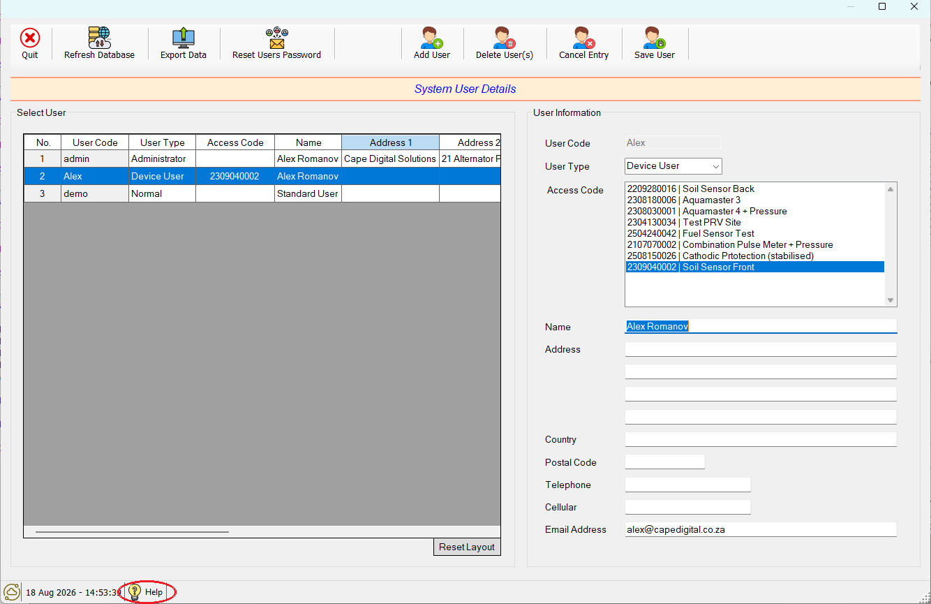 The CloudWorks Console system user details screen, with the Help icon circled in red in the status bar at the bottom left of the window