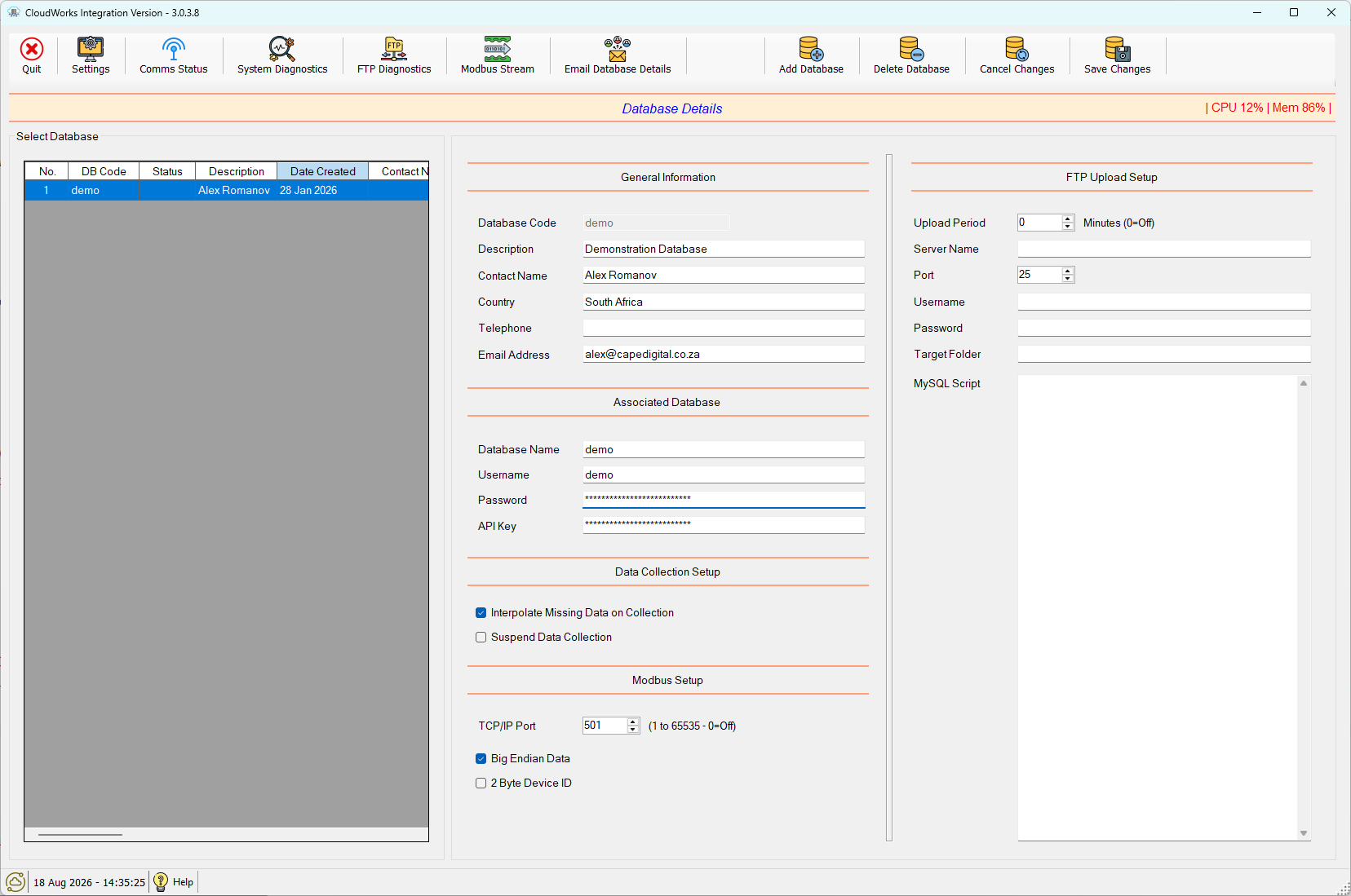 CloudWorks Integration database details screen, showing the database list, general information, the associated MySQL database and API key, data collection options, FTP upload setup and Modbus setup