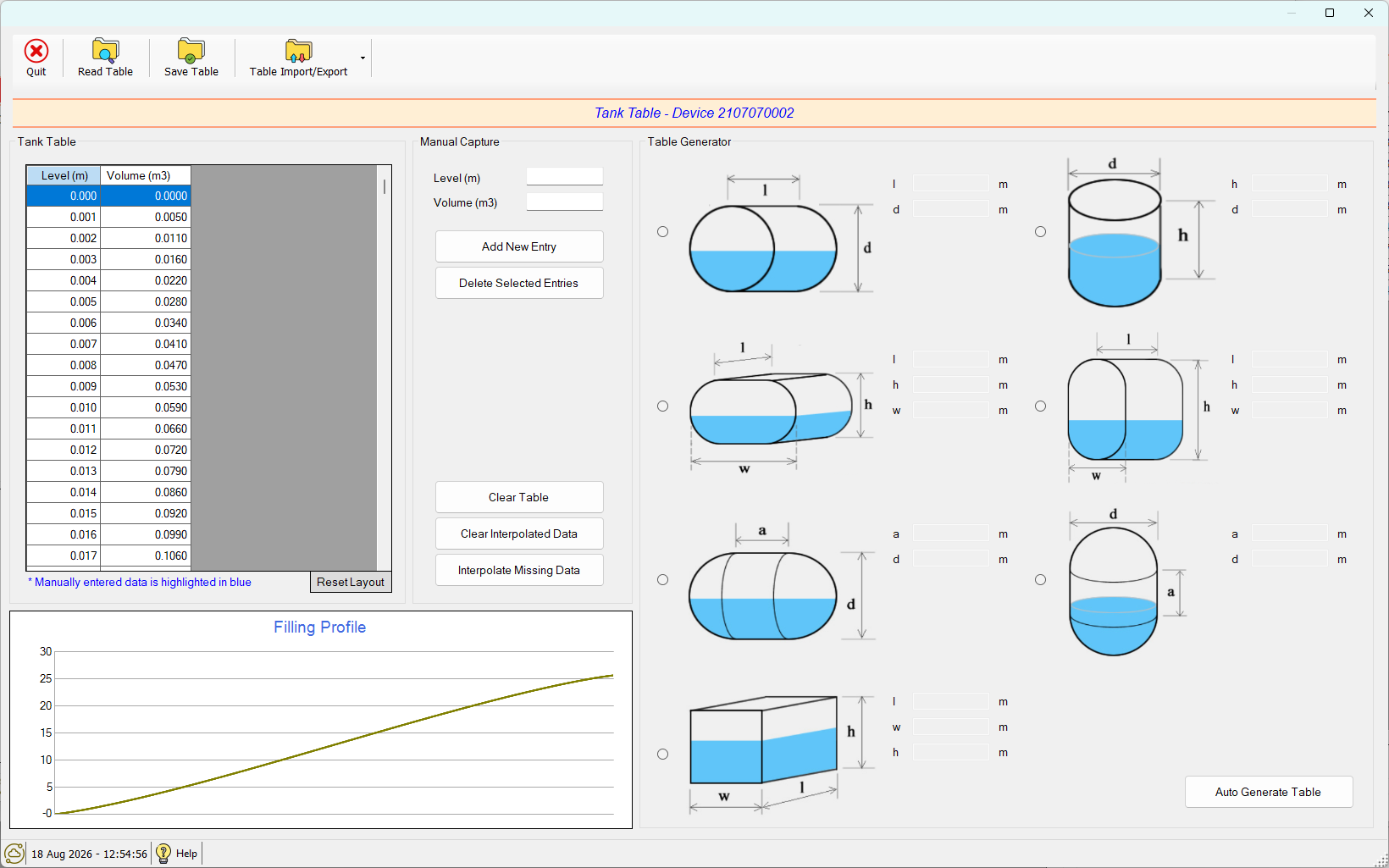 CloudWorks Console tank table screen: a level-to-volume table with its filling profile, and a table generator offering eight tank shapes to calculate the table automatically